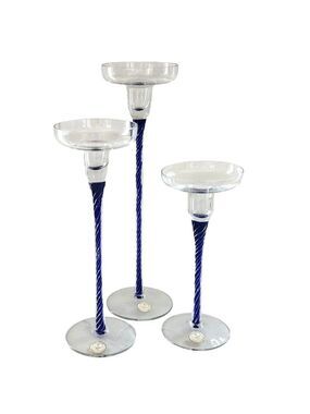 Crystal Candle Holder Set of 3, Blue Stem Candle Holders, Table Centerpiece